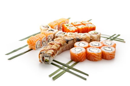 Sushi Set - Different Types of Maki Sushi. Served on Green Leavesの写真素材