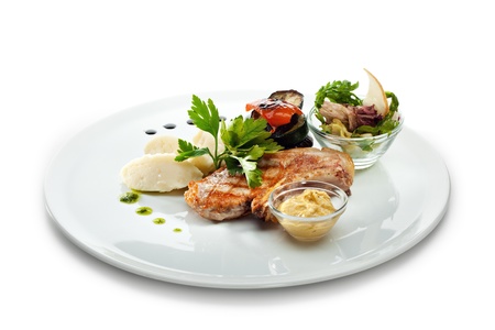 Pork with Mashed Potato and BBQ Vegetablesの写真素材