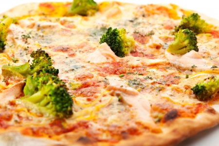 Pizza with Salmon, Broccoli, Cheese and Lemonの写真素材
