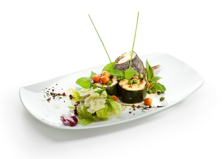 Baked Fillet of Dorado with Zucchini and Cream Sauceの写真素材