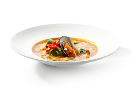 Thai Dishes - Tom Yam Kung. Spicy Shrimp Soup with Coconut milk, Lime and Seafoodの写真素材