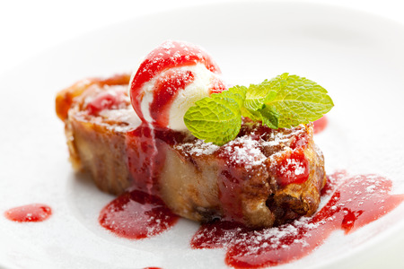 Apple Strudel Served with Ice Cream and Fresh Mintの写真素材