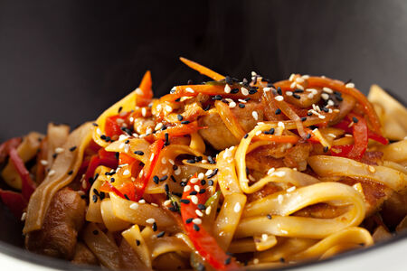 Udon with Fried Chicken and Vegetablesの写真素材