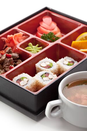 Japanese Cuisine - Sushi Roll with Appetizers, Dessert and Soupの写真素材