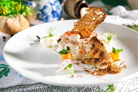 Salad with King Red Crab and Vegetables. Garnished with Grilled Wachtelの写真素材