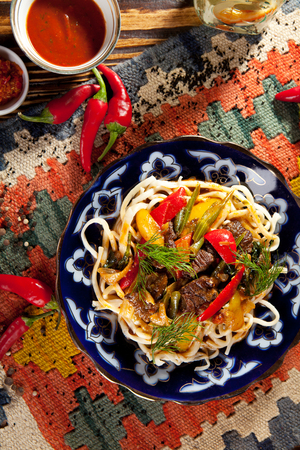 Uyghur-Style Noodles with Meat and Laghman Sauceの写真素材
