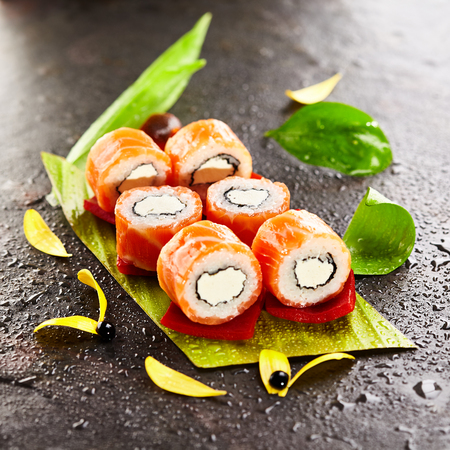 Philadelphia Maki Sushi made of Cream Cheese inside. Salmon outsideの写真素材