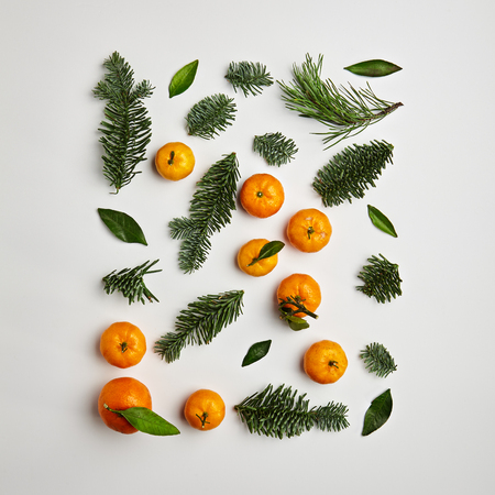 Christmas Arrangement from Natural Branches and Tangerines. Flat Lay.の写真素材
