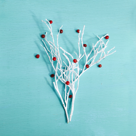 Minimalistic Winter Tree made of Snow Covered Branch on Blue Background. New Year Concept. Flat lay.の写真素材