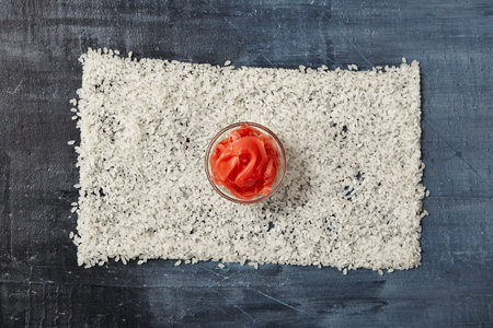 Flag of Japan made of Rice and Red Ginger Bowl. Flat Lay. Food Concept