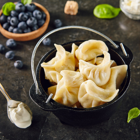 Dumplings with Blueberries. Berriesjiaozi, Dimsum, Momo or Ha Gao on Dark Background. Asian Food of Dough Based on Flour Stuffed with Meat, Fish, Vegetables, or Sweetsの写真素材
