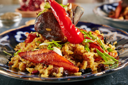 Pilau or Pilaf with Lamb Meat Close Up Selective Focus. Traditional Asian Dish Plov also known as...