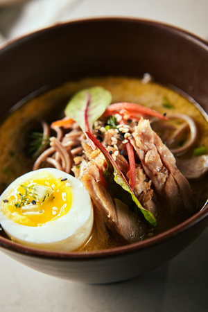 Close-up portrait of soup noodles with coconut milk buckwheat noodles and egg. Delicious meal served in deep brown bowl. Tasty dinner concept. Isolated on grey backgroundの写真素材