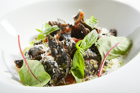 Haute Cuisine Restaurant Dish with Black Ravioli, Tomatoes and Spinach Close Up. Stuffed Tortellini Pasta Topped with Fresh Basil, Chard Leaves and Grated Parmesan Cheese Isolated on White Backgroundの写真素材
