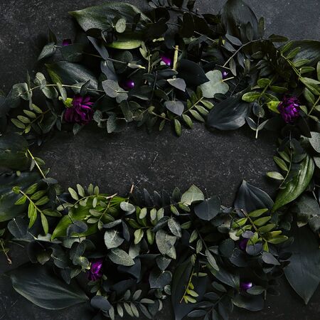 Dark green tropical leaves on natural black stone background with copyspace top view. Frame made of exotic jungle foliage and flowers in trendy terrarium moss colorの写真素材