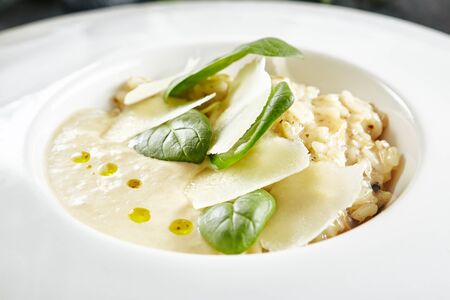 Beautiful Serving White Restaurant Plate of Risotto with Cep Mushroom Stew, Parmesan Cheese and Greens Close Up. Exquisite Delicacy Italian Boletus Paella on Dark Stone and Leaves Backgroundの写真素材