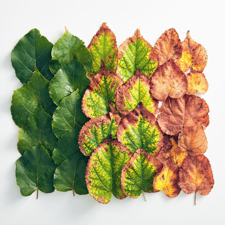 Creative minimal autumn concept. Layout made of gradient autumn leaves. Fall Flat Lay. Top View