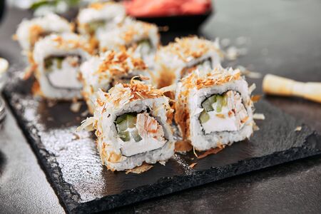 Macro shot of uramaki sushi rollsの写真素材