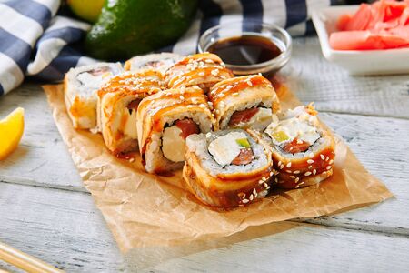 Salmon and Smoked Eel Sushi Rollの写真素材