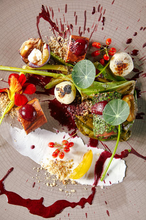 Exquisite serving vintage plate of turkey meat roulade or meatloaf with aronia sauce, barberry berries, plums and cheese. Autumn restaurant menu decorated with edible flowers and nasturtium leavesの写真素材