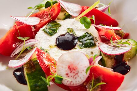 Exquisite serving salad of fresh vegetables, ricotta cheese and fragrant herbs on white restaurant plate isolated. High cuisine restaurant dish with delicious greek village salad closeupの写真素材