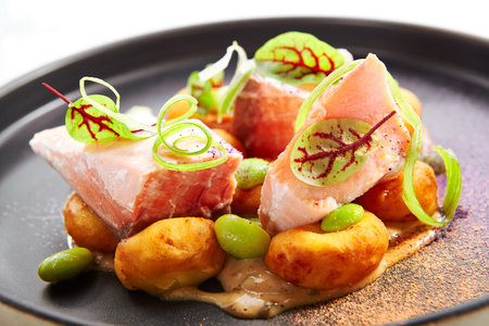 Salmon and cheese croquettes closeup view. Delicious seafood served with greenery. Sliced fish with...