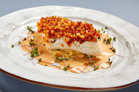 Baked cod fillet with sauce. Restaurant food portion. Fish with batter garnish served on white craft plate. Seafood sprinkled with breadcrumbs meal course. Luxury gourmet dish servingの写真素材