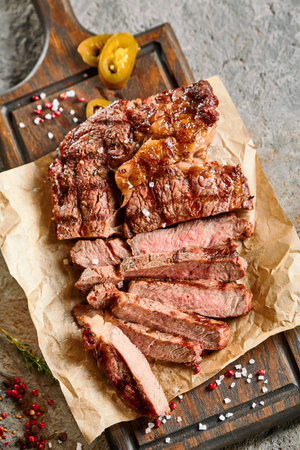 Classic ribeye steak served in waxed paper on wooden cutting board. Cut against grain beef steak....