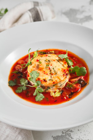 Salmon fish cake with tomato sauce and fresh greens. White bowl on rustic table with cloth. Gourmet...