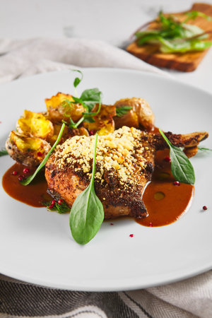 Roasted Pork Loin and Potatoes with Demi-Glace. Rustic Wooden Table with cloth and Fresh Green...