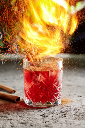 Fiero cocktail with whiskey and cinnamon stick with rosemary twig side view. Alcohol beverage close...