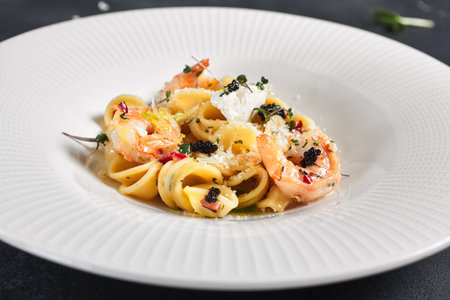 Pasta Orecchiette with Shellfish Seafood and Parmesan Cheese. Dark stone table with textile napkinの写真素材
