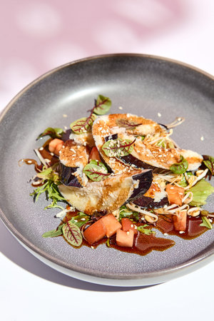Eggplant restaurant appetizer plate. Restaurant appetizer food plate on white table with pink wall. Day sunlight with hard shadow of monstera palm leaves. Summer or spring restaurant food conceptの写真素材