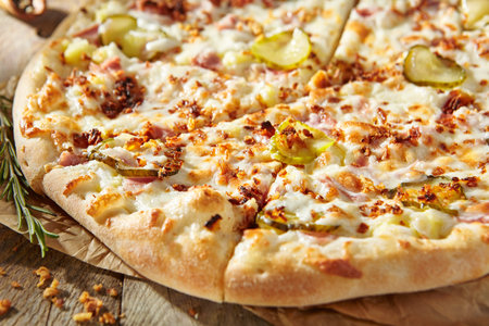 Tasty pizza with ham, gherkins, fried onions and pickle cucumber. Garnished on parchment with pizza ingredients on wooden table. Rustic style, sunlightの写真素材