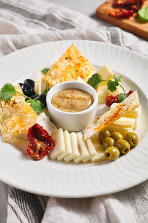 Cheese Food Plate with Olives and Greens. French appetizer cheese board. White restaurant plate on grey table. Wine snacks, gourmet, delicatessen, rustic food conceptの写真素材