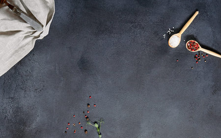 Top view food background of kitchen table. Dark texture table with food ingredients and kitchen...