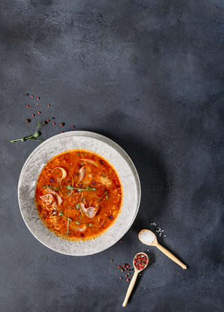 Russian cuisine - Solyanka Soup on dark textured table. Spicy and sour soup with meat slice and vegetables. Ceramic bowl on dark background. Top viewの写真素材
