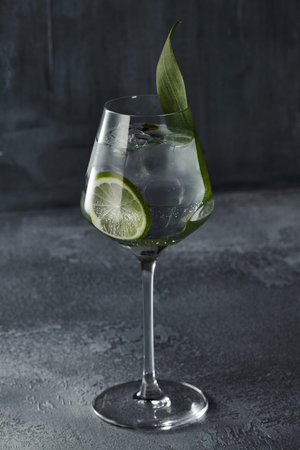 Asian Gin tonic cocktail for lifestyle design. Summer cocktail asian concept background. Gin tonic drink with lime slice and banana leaf. Cocktail in wine glass with palm leaf shadowの写真素材