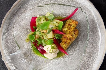 Zucchini fritters with fish ceviche and cheese cream. Healthy food - vegetables fritters and fish tartar. Inspirational chefs food on dark background. modern food. Contemporary menu for restaurantsの写真素材