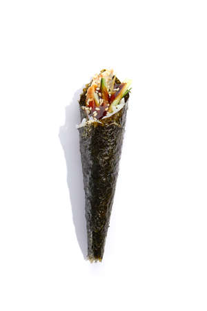Japanese temaki sushi with eel, cucumber and unagi sauce on white background. Hand roll with eel and vegetables in minimalistic style. Handroll in asian style.の写真素材