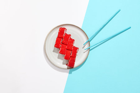 California maki roll with tobiko caviar on modern colored background. Sushi roll with salmon and...