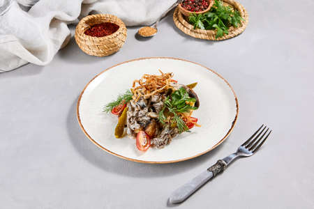 Traditional russian food - beef stroganoff with mashed potatoes and creamy gravy. Beef stroganoff with crispy onion on ceramic plate. Meat ragout with mashed mushrooms and greens on stone backgroundの写真素材