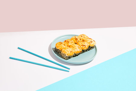 Hot maki roll with cheese and sesame on colored background. Baked sushi roll with salmon inside,...
