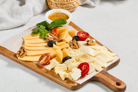 Cheese platter with nuts, honey sauce and olives on wood board. Cheeseboard on white concrete background. Cheese assorted in minimal style. Appetizers for wineの写真素材