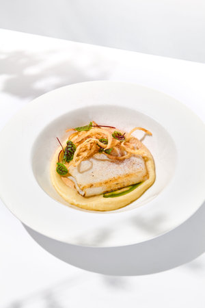 Roasted squid on mashed potatoes and crispy onion. Grilled squid with celery cream on white plate...