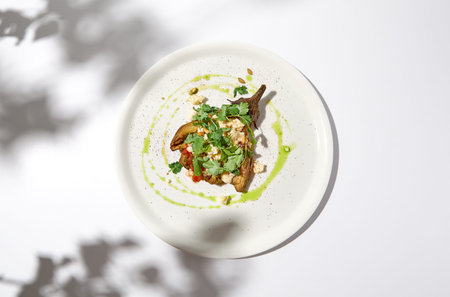 Baked eggplant with cheese on white table with harsh shadows. Aesthetic italian food - baked...