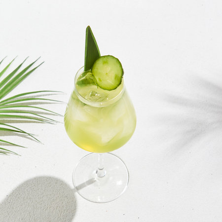 Cucumber cocktail in wine glass on white concrete background with shadows. Fresh mocktail in minimal style with tropical leaves. Alcoholic drink with gin and cucumber on summer menu. summer drinkの写真素材