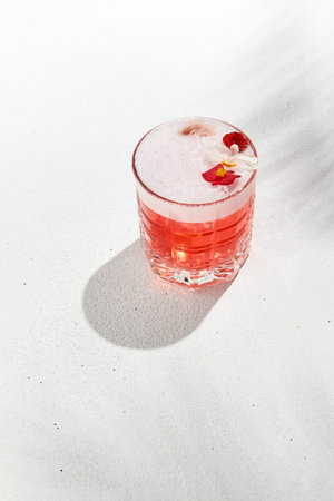 Aesthetic composition with alcoholic cocktail with flowers on white background. Pomegranate fizz minimal style. Grapefruit sour with gin. Alcoholic beverage in elegant style with palm shadowsの写真素材