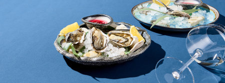 Horizontal banner of gourmet oysters with lemon on ice, an elegant restaurant meal composition.の写真素材