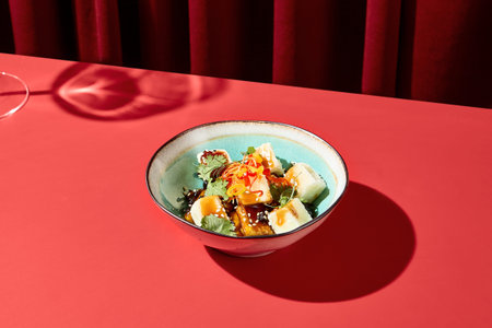 Eggplant-tofu salad in a ceramic bowl, Asian style, set against a dark red velvet backdrop, wine...